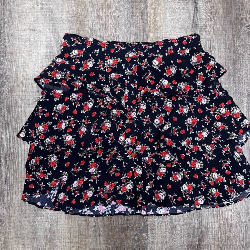Zara Floral Ruffle Mini Skirt - Black and Red